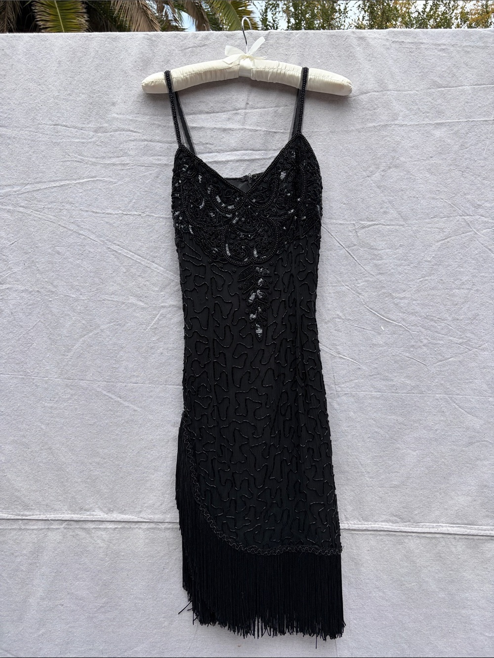 Black Beaded Fringe Slip Dress